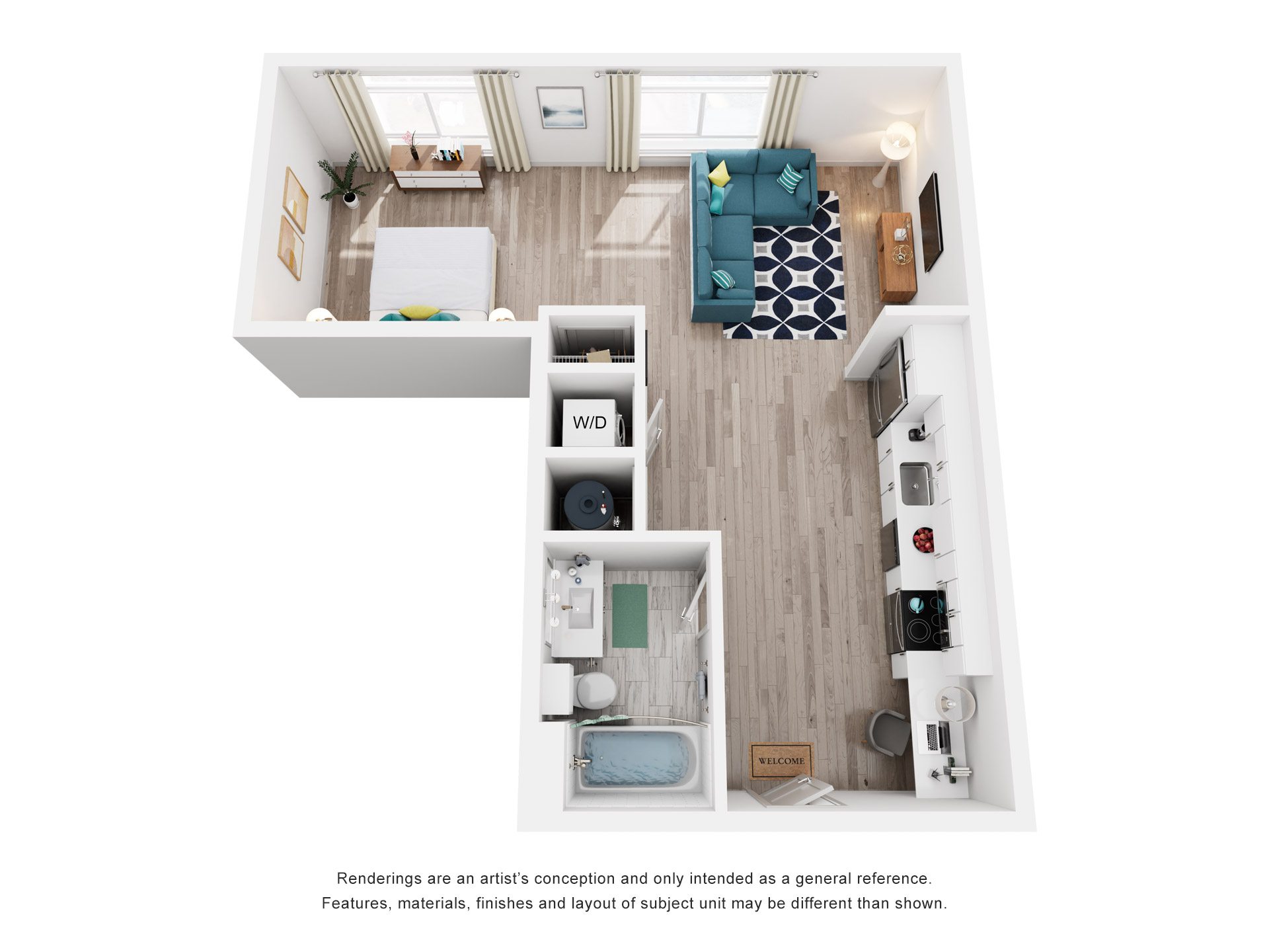 Floor plan for studio, 1 bath, 565 sqft